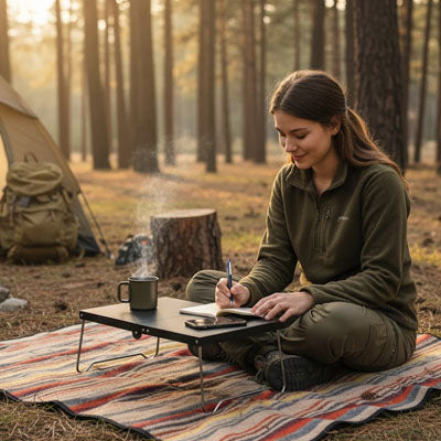 femme ecrit sur table pliante camping