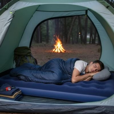 Matelas gonflable 2 personnes homme dort dans tente