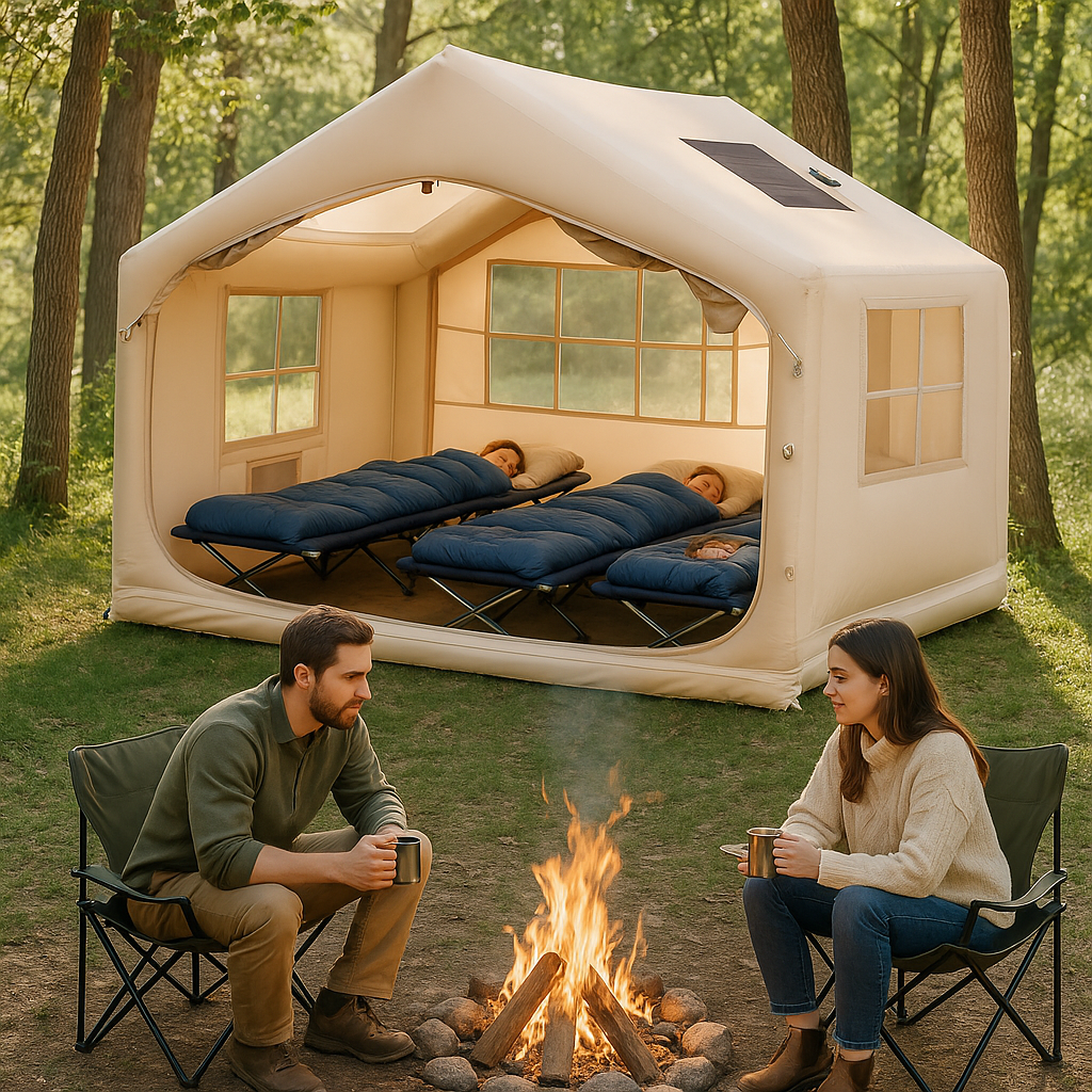tente-gonflable-deux-personnes-devant-enfants-couchés-dans-tente