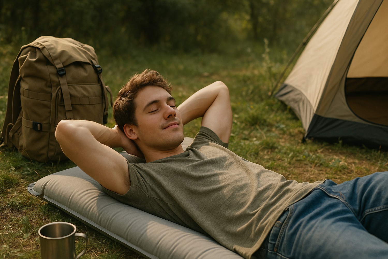 un jeune homme qui est couché confortablement sur un matelas de camping avec les mains croisées sous le cou